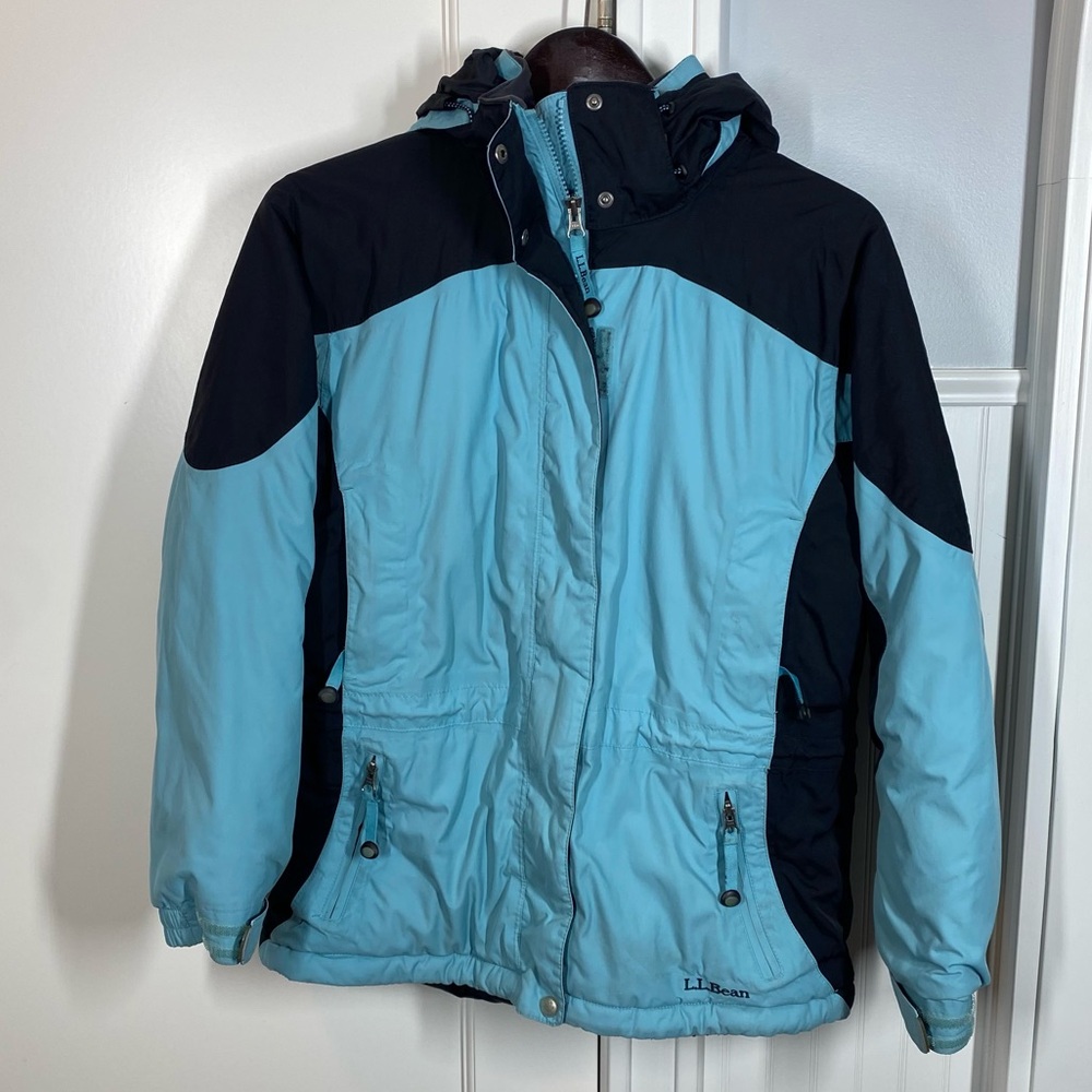 Vintage LL Bean Primaloft Colorblock Ski Jacket size small petite blue and black